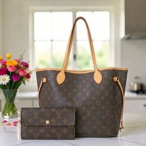 Louis Vuitton Monogram Neverfull MM & Sarah Wallet Set ✨ Iconic Tan ✨ Full Set
